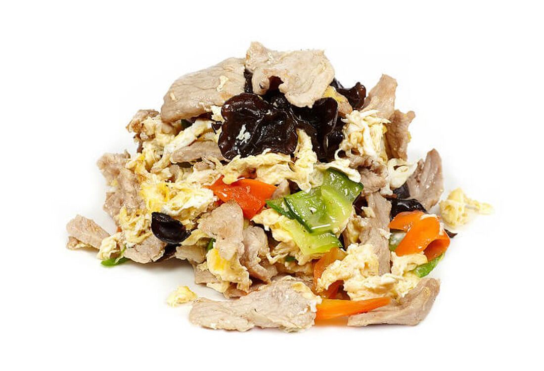 Свинина с яйцом и грибами